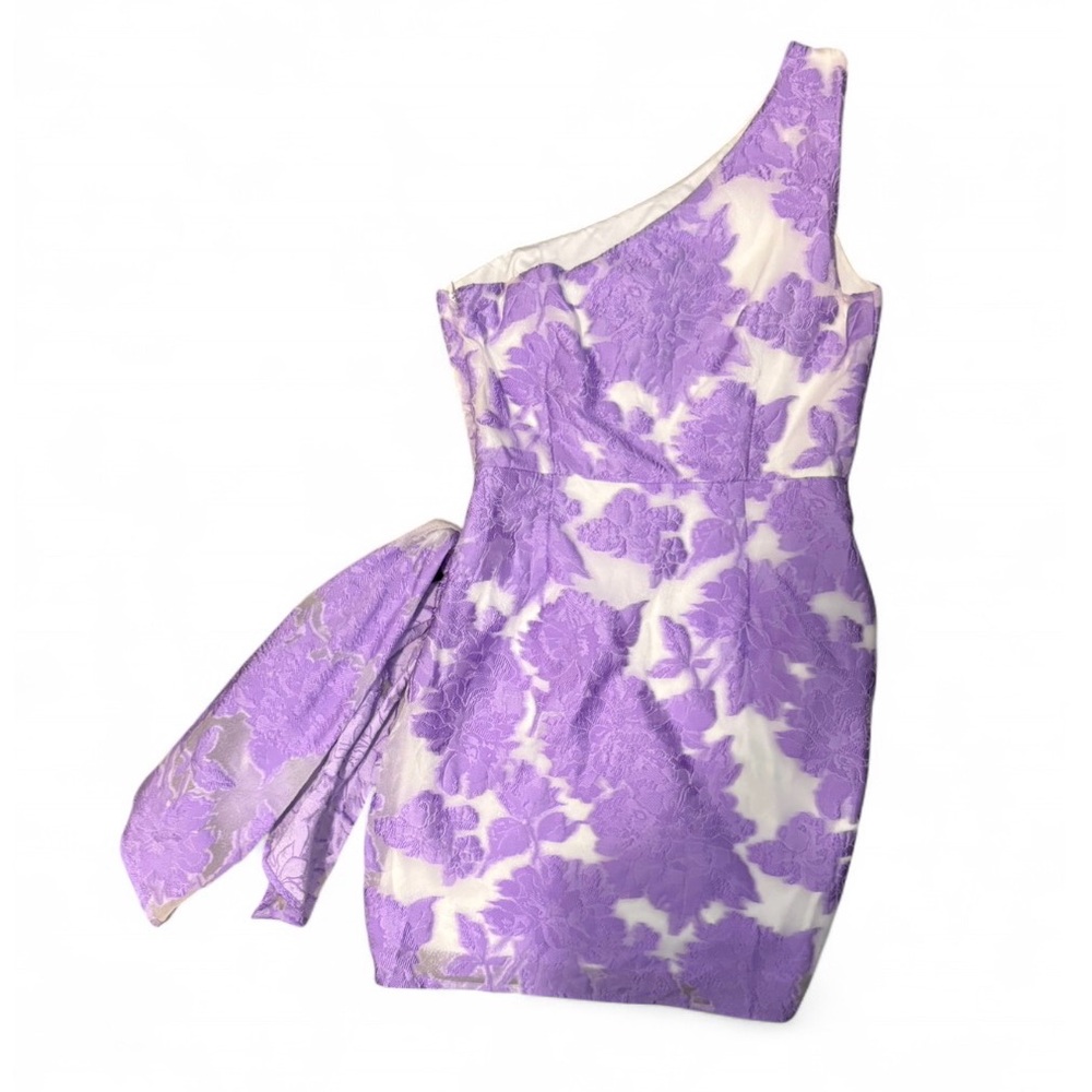 SHOWPO- BRAILEY MINI DRESS- One Shoulder Wrap Front Dress in Purple Jacquard - Picture 8 of 9